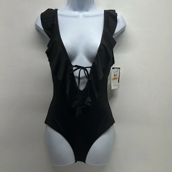 Becca Socialite Swimsuit One Piece V-Neck Ruffled Plunging Black New Size Small - Picture 2 of 12